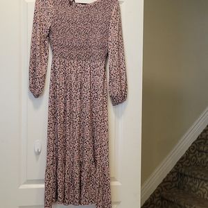 smocked floral print fit and flare midi dress